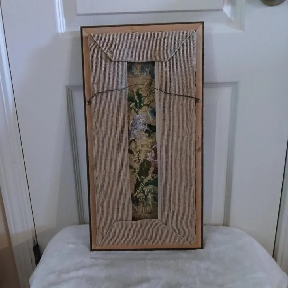 VTG MCM Floral Framed Needlepoint Embroidered Tapestry Weaving 18x 9 Cottagecore